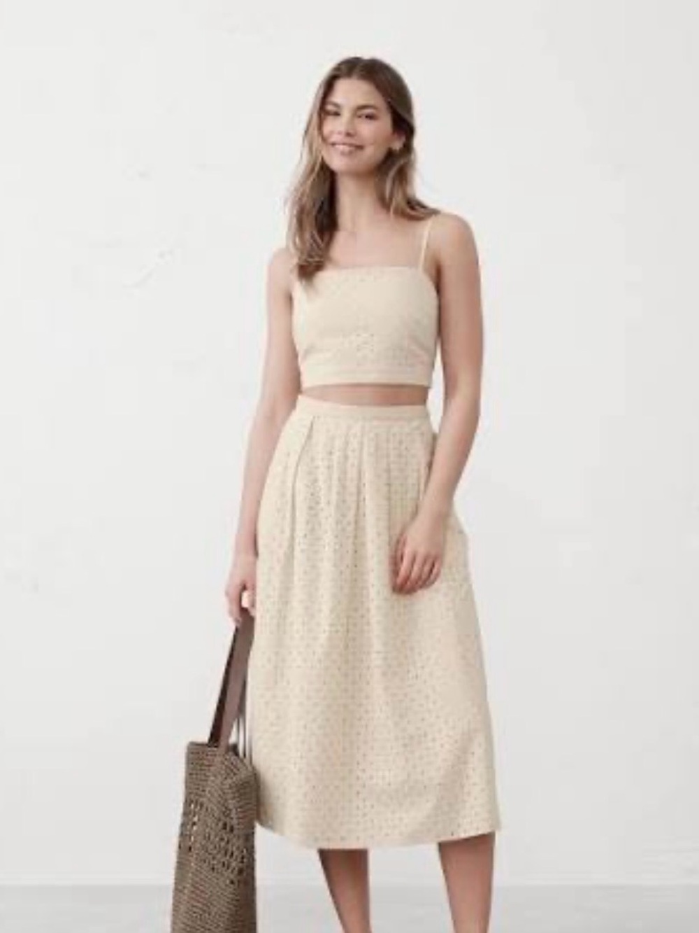 Banana Republic Cream Eyelet cropped top and Midi Skirt set